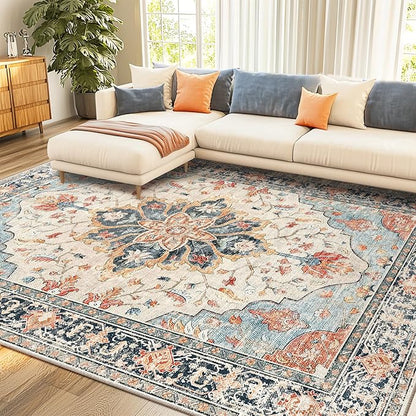 RELEANY Area Rugs 8'x10' Washable Non-Slip, Floral Vintage Distress Medallion Carpet for Living Room Bedroom Dining Room, Beige Navy Blue Orange Colorful