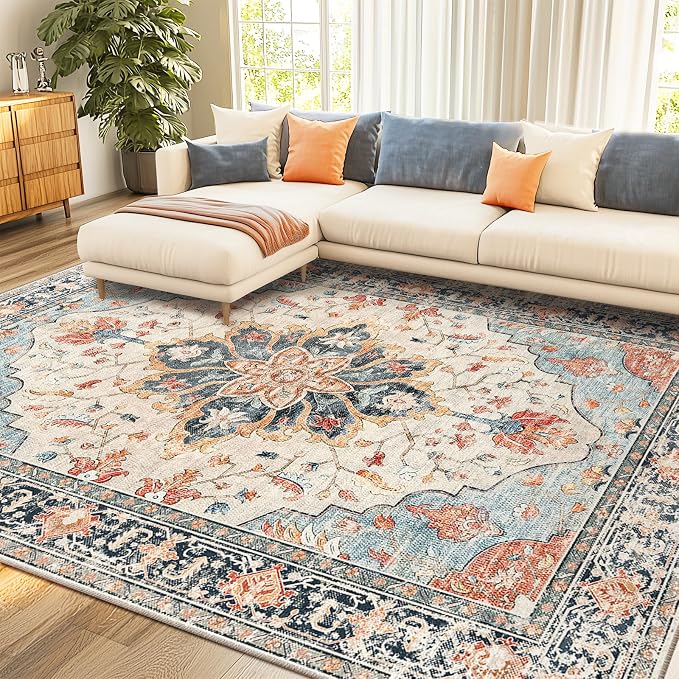 RELEANY Area Rugs 7'x10' Washable Non-Slip, Floral Vintage Distress Medallion Carpet for Living Room Bedroom Dining Room, Beige Navy Blue Orange Colorful