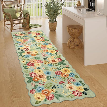 DUKINO 2x10 Runner Rug for Hallway, Washable Kitchen Rug with Non Slip Backing & Non-Shediing, Soft Low Pile Floral Design Runner for Bedroom, Kithchen, Living Room, Laundry, Bathroom, Green