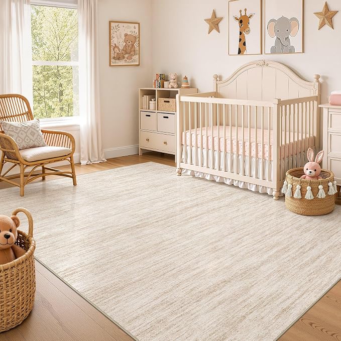 Nakagishi 7X9 Area Rugs Living Room: Washable Large Vintage Rug Neutral Non-Slip Soft Stain Resistant Indoor Carpet for Bedroom Nursery Dining Room Office Playroom - Beige