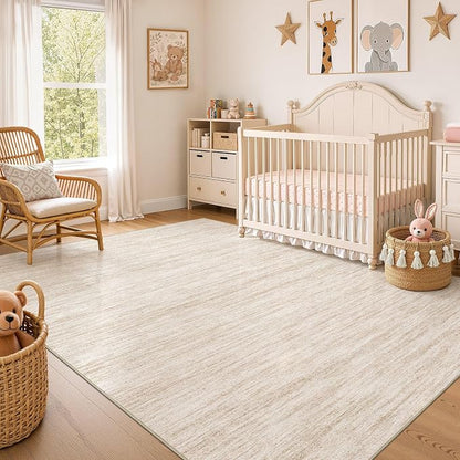 Nakagishi 6X8 Area Rugs Living Room: Washable Large Vintage Rug Neutral Non-Slip Soft Stain Resistant Indoor Carpet for Bedroom Nursery Dining Room Office Playroom - Beige