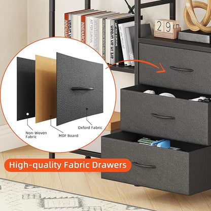 AFLUI Triple Bookshelf with 3 Fabric Drawers, 5-Tier Book Shelf and 10 Display Shelves, Industrial Large Bookcase for Home & Office, Black, 47'' Wide