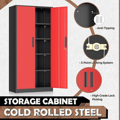 INTERGREAT Metal Storage Cabinet, 72” H Storage Cabinet with Doors and Adjustable Shelves for Office, Home, Garage, Pantry (Assembly Required, Black Red)