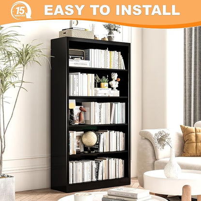 VASAAOSD 55” Black Bookshelf, 5 Tier Adjustable Metal Bookcase | Adjustable Design, Anti-Tilt Device, Easy Assembly Toy Storage Organizer, for Bedroom, Study, Office, Classroom