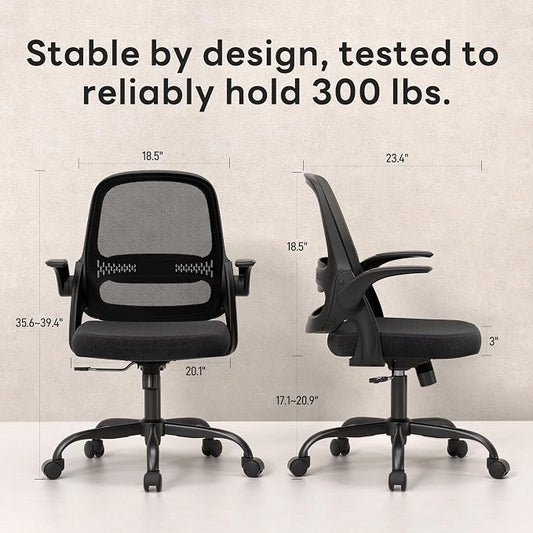 amseatec Ergonomic Mesh Office Chair, Flip-Up Arms, Adjustable Height, Breathable Mesh Back & Thick Cushion Seat, 360 Swivel Rolling Computer Desk Chair, BIFMA Certified, Supports 300 lbs, Black