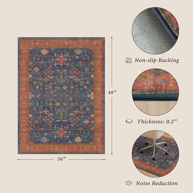 36"x48" Navy Blue Boho Office Chair Mat for Hard Wood & Tile Floor, Low Pile Carpet Floor Protector for Rolling Chair, Machine Washable Under Desk Rug, Non Slip Rubber Backing