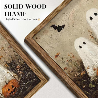 Framed Rustic Halloween Ghost Wall Art - Vintage Farmhouse Ghosts Pumpkins and Bats Canvas Print, Country Cottage Halloween Wall Decor for Living Room Bedroom, 8x10in Wood Frame