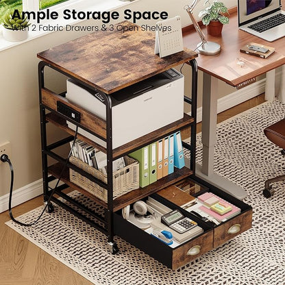 Extra Large Printer Stand with 2 Farbic Drawer, 3 Tier Printer Table with 4-Adjustable Heights, Rolling Printer Cart with Storage for Printer Scanner Fax Home Office Use, Rustic Black and Brown