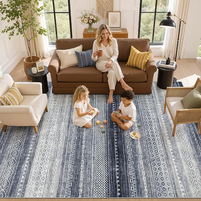 6x8 Area Rugs Living Room: Washable Boho Large Neutral Soft Rug Modern Stain Resistant Moroccan Indoor Non Slip Floor Carpet for Bedroom Nursery Kids Playroom Office Dining Room Dorm- Blue