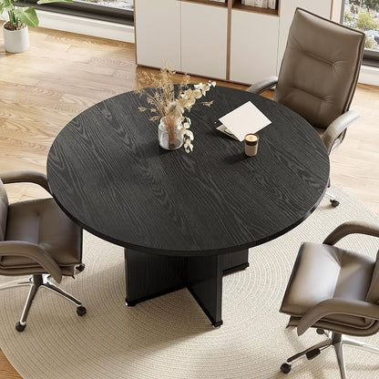 LITTLE TREE 39-Inch Small Conference Table for 4, Round Meeting Table with X-Shape Pedestal, for Office, Conference Room, Small Spaces, Black