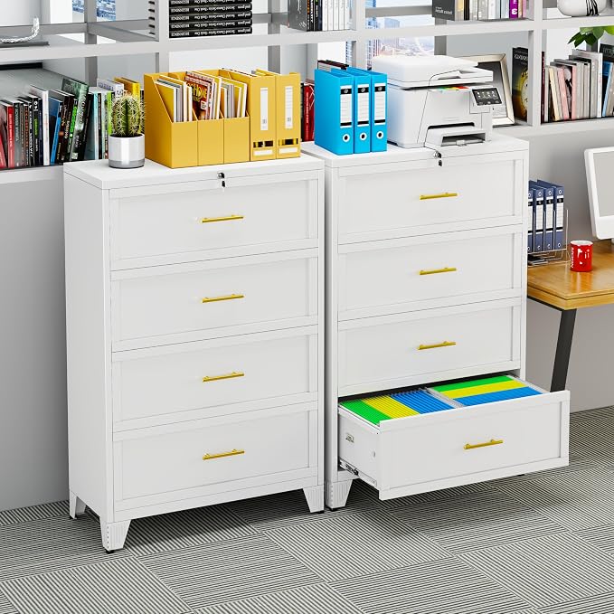 Metal Lateral File Cabinet with Lock,4 Drawer Steel Wide Filing Organization Storage Cabinets for Legal/Letter/A4/F4 Size with Hanging Files&Key,Lockable Printer Stand for Home Office, White