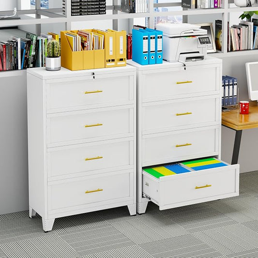 Metal Lateral File Cabinet with Lock,4 Drawer Steel Wide Filing Organization Storage Cabinets for Legal/Letter/A4/F4 Size with Hanging Files&Key,Lockable Printer Stand for Home Office, White