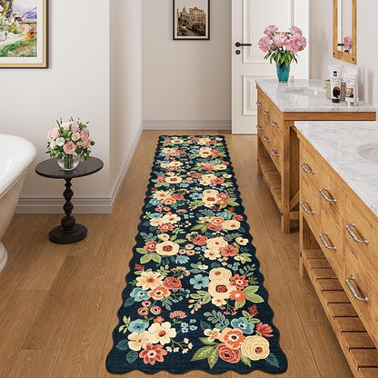 DUKINO 2x8 Washable Runner Rug, Lightweight Soft Floral Hallway Rug Runner with Low Pile Design, Non Shedding & Non Slip Backing Thin Indoor Carpet for Bedroom, Bathroom, Entrance, Kitchen, Navy Blue