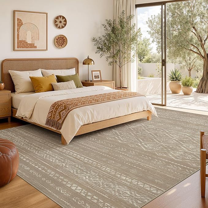 Nakagishi Area Rug Living Room Rugs: 10x14 Large Soft Machine Washable Boho Moroccan FarmNeutral Stain Resistant Indoor Floor Carpet for Bedroom Under Dining Table Home Office Decor-Dark Brown