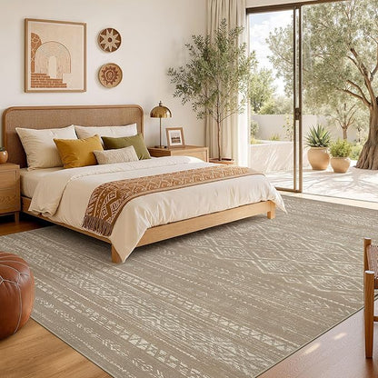 Nakagishi Area Rug Living Room Rugs: 10x14 Large Soft Machine Washable Boho Moroccan FarmNeutral Stain Resistant Indoor Floor Carpet for Bedroom Under Dining Table Home Office Decor-Dark Brown