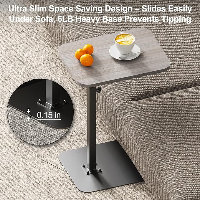 HzTinT Side Table Sofa Tray for Couch Heavy Metal Base Swivel/Adjustable Height, Sofa Bed Bathroom Study TV Tray C Shaped End Table Food Snack Trays for Eating