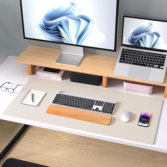 Aothia Large PU Leather Desk Pad Protector – Non-Slip Mouse Pad & Writing Mat for Office/Home, Waterproof, Easy to Clean (36" x 17", Eggshell)