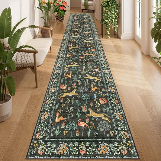 DUKINO 2.6x14 Hallway Runner Rug, Vintage Washable Long Kitchen Rug with Non Slip Backing, Stain Resistant & Low Pile Animal Print Floor Carpet for Indoor Entrance Bathroom, Laundry, Bedroom, Black