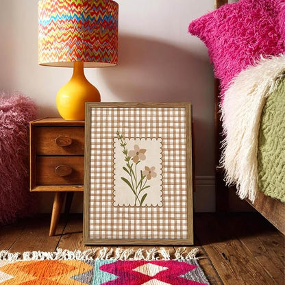 Framed Vintage Floral Wall Art Set of 3, Neutral Wildflower Botanical Canvas Wall Decor Paintings, Cottagecore Gingham Flower Posters Prints Pictures for Living Room Bedroom Bathroom 16x24 Inch