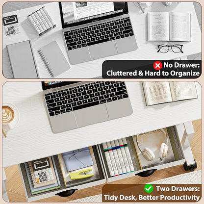 Height Adjustable Standing Desk with 2 Drawers, Small Sit Stand Up Desk with Wheels, Portable Rolling Desk for Walking Pad Treadmill, Computer Office, Adjustable 31.5"-43.3", White, Upgraded Stable