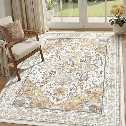UERMEI 5x7 Area Rug for Living Room - Washable Vintage Carpet, Non-Slip Soft Large Indoor Floor Rugs for Bedroom Home Office & Under Dining Table Decor, Brown Beige