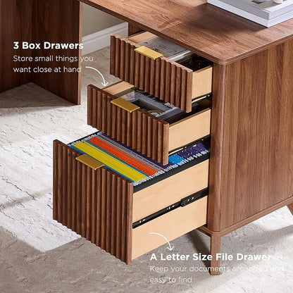 T4TREAM 60'' Fluted Executive L Shaped Desk, Modern Home Office Desk with Charging Station and File Drawer, Computer Corner Desks with Drawers & Storage Cabinet for Office Home, Bedroom, Light Walnut