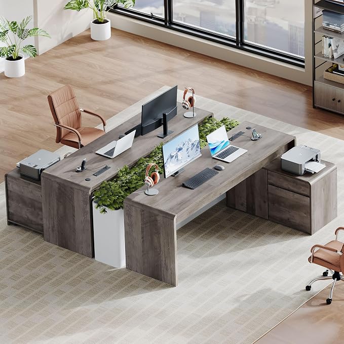 Mid-Century Modern 78" L-Shaped Executive Desk with Independent Mobile File Cabinet, Large Home Office Desk with Drawers and 4 AC + 2 USB Power Outlets, Waterfall Edge Design, Grey Oak