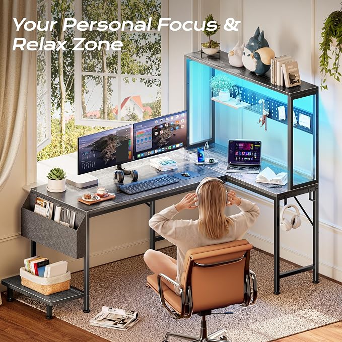 PRAISUN L Shaped Gaming Desk with LED Lights & Power Outlets, Reversible Computer Desk with Storage Shelves & Bag, Large Corner Home Office Desk with Pegboard for Work from Home, Grey