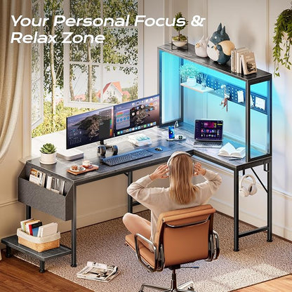 PRAISUN L Shaped Gaming Desk with LED Lights & Power Outlets, Reversible Computer Desk with Storage Shelves & Bag, Large Corner Home Office Desk with Pegboard for Work from Home, Grey