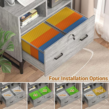 Homieasy File Cabinet with Charging Station, Vertical Filing Cabinet with Lock & Large Drawer, Printer Stand with Storage Shelves, Office Storage Cabinet fits Letter/A4/Legal Size, Light Oak