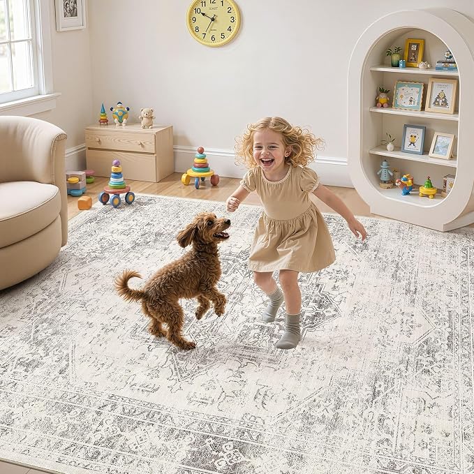 UERMEI 6x9 Area Rug Living Room Rugs - Washable Vintage Soft Large Rug Indoor Floor No Slip Rug Carpet for Bedroom Farmhouse Under Dining Table Home Office Decor - Beige/Camel