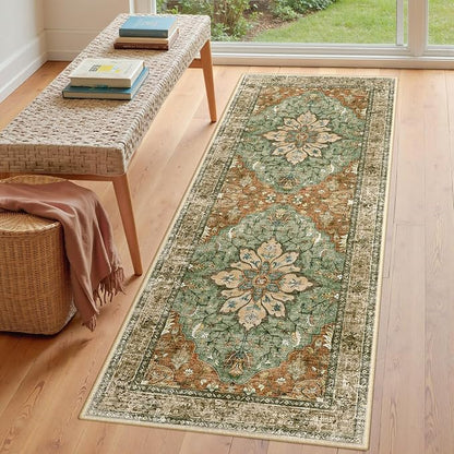RELEANY Area Rugs Runner 3'x8' Washable Non-Slip, Floral Vintage Distress Medallion Carpet for Kitchen Hallway Bedroom Beside Laundry Room Bathroom, Terracotta Burnt Orange Green