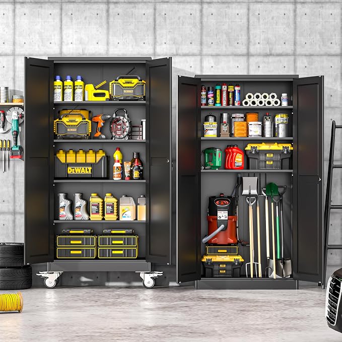 winiowa 71" Tall Metal Garage Storage Cabinet with Wheels, Steel Locking Rolling Tool Cabinet with 4 Adjustable Shelves for Garage,Home,Office (Black)