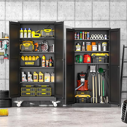 winiowa 71" Tall Metal Garage Storage Cabinet with Wheels, Steel Locking Rolling Tool Cabinet with 4 Adjustable Shelves for Garage,Home,Office (Black)