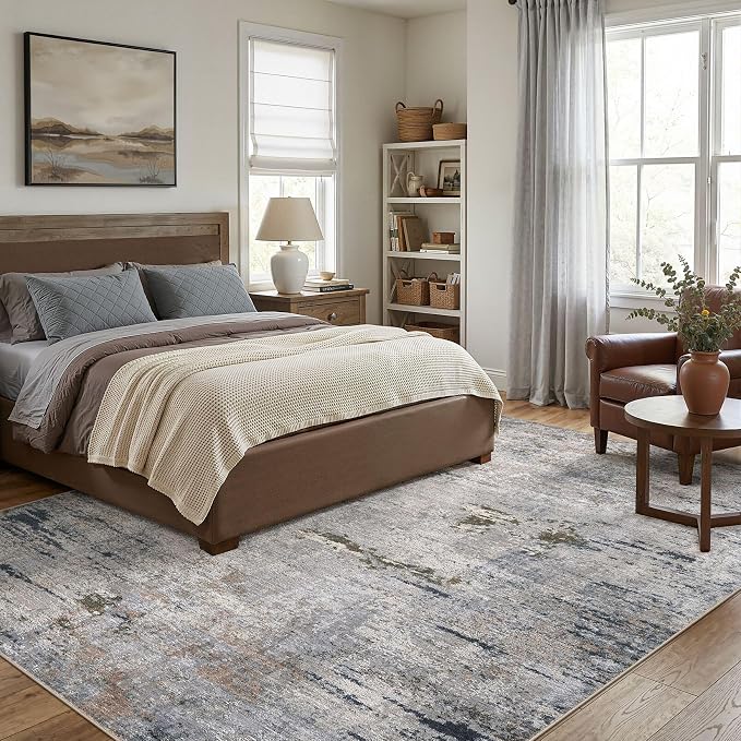 DMOYEST Area Rug Living Room Rugs - 6x9 Washable Large Soft Indoor Neutral Modern Abstract Low Pile Rug Carpet for Bedroom Dining Room Farmhouse Home Office - Blue/Grey/Brown