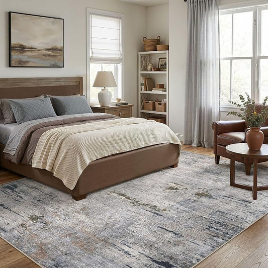 DMOYEST Area Rug Living Room Rugs - 6x9 Washable Large Soft Indoor Neutral Modern Abstract Low Pile Rug Carpet for Bedroom Dining Room Farmhouse Home Office - Blue/Grey/Brown