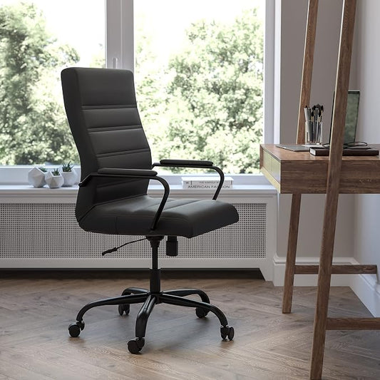 EMMA + OLIVER Faux Leather High-Back Swivel Home Office Desk Chair with Wheels, Padded Seat, and Armrests, Adjustable Height Multipurpose Office Chair, Black