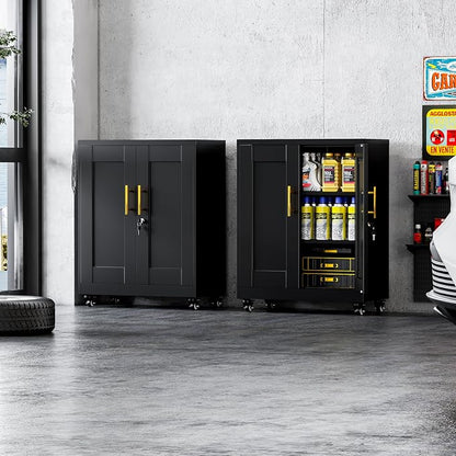 GAIOUS Metal Storage Cabinet with Lock and Wheels, Steel Tool Cabinet | with 2 Door and 2 Adjustable Shelves, 35” Tall Lockable File Cabinet, Garage Cabinet, Rolling Cabinet for Home Office - Black