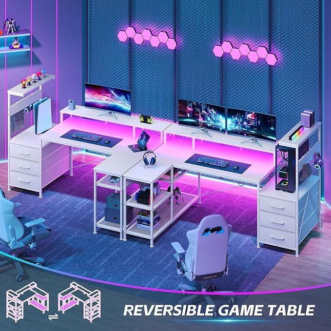 YOMILUVE White Gaming Desk with Drawers & Storage Shelves, L-Shaped Gaming Desk with Power Outlets & LED Light, Reversible Computer Desk with Monitor Stand & Hooks for Home Office