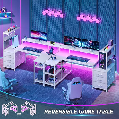 YOMILUVE White Gaming Desk with Drawers & Storage Shelves, L-Shaped Gaming Desk with Power Outlets & LED Light, Reversible Computer Desk with Monitor Stand & Hooks for Home Office