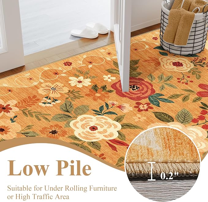 DUKINO 2x8 Runner Rug for Hallway, Washable Kitchen Runner Rug with Rubber Backing Non Slip, Low Pile Soft Boho Floral Thin Carpet for Entryway, Hallway, Bathroom, Laundry Room, Orange