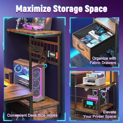 DurayLoly 55" Computer Desk with LED Lights & Outlets,Office Desk with Drawers & Monitor Stand,Gaming Desk with 3 Storage Shelves, Hooks& Printer Space for Game&Study Room,Home Office,Bedroom,Brown