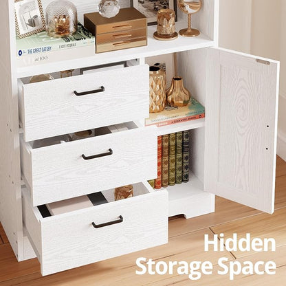 IRONCK Bookshelf with Doors and 3 Drawers 71 in Tall Bookcase with 3-Tier Shelves, Industrial Book Shelf with Storage for Living Room Entrance Hallway Home Office, White