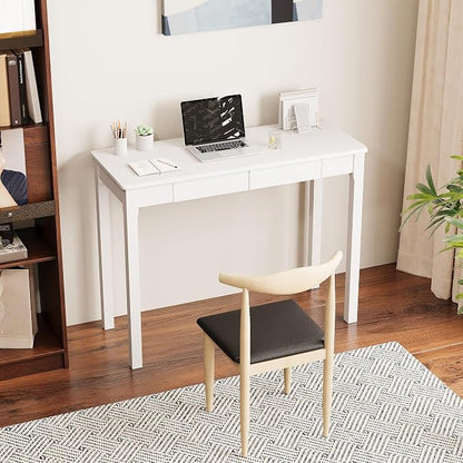 Solid Wood Desk with Drawers - 39" Narrow Desks for Small Spaces, Mid Century Modern Desks, Small Wooden Vintage Computer Writing Desk, Study Table for Home Office Bedroom, White