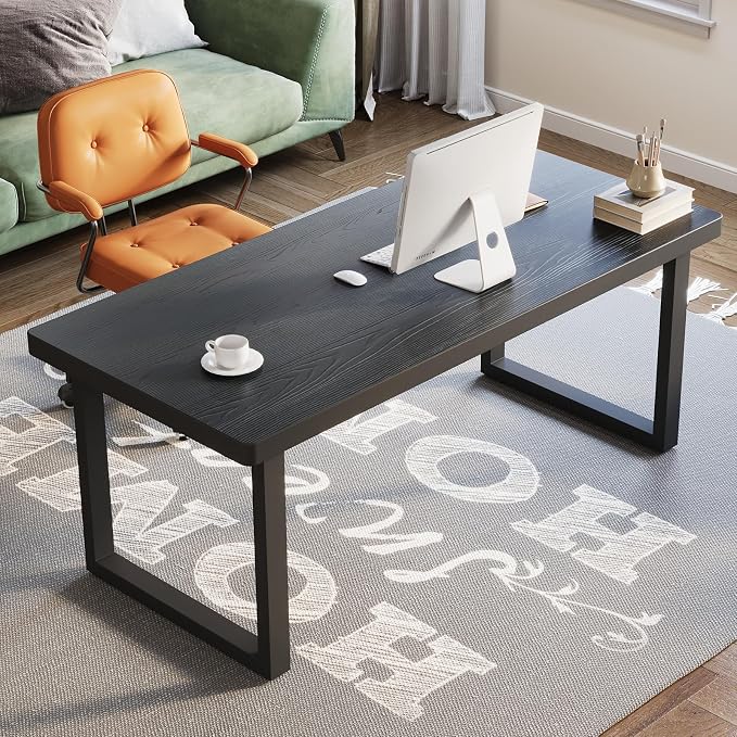 55 Inch Solid Wood Computer Desk with Sturdy Metal Base - Stylish Durable Office/Study Desk in Black, Multiple Sizes for Home Office Workspace