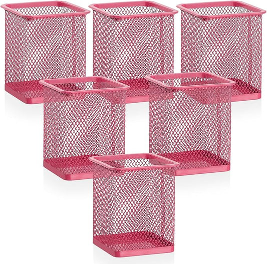 Segarty Pen Cup, 6 Pack Square Dark Pink Pen Holder for Desk, Multifuntional Mesh Pencil Cups Containers for Marker, Office Supplies, School Students, Home, Desktop Accessories Storage Organizer