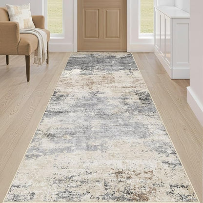 Runner Rug Kitchen Washable Rugs: 2x6 Non-Slip Abstract Soft Modern Stain Resistant Indoor Floor Neutral Accent Throw Carpet for Hallway Bathroom Laundry Room Entryway Bedroom- Grey Brown