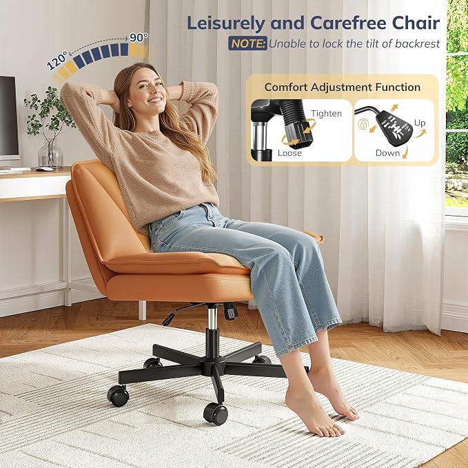 DurayLoly Criss Cross Chair with Wheels, Cross Legged Office Chair with 2 Layer Comfty Leather & Back, Armless Wide Vanity Chair for Home Office, Orange