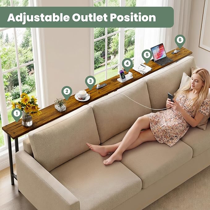 GRLEAF 102" Sofa Table with Built-in Power Strip (4 AC Outlets & 4 USB Ports) – 4.9ft Power Cord, Metal Frame, Easy Assembly, Long Couch Table Behind Sofa, Living Room and Home Office | Rustic Brown