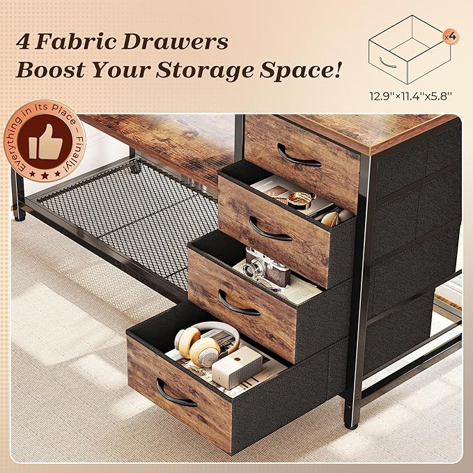 PRAISUN 61" L Shaped Desk with Power Outlets & USB-C Port, Reversible Computer Corner Office Desk with 4 Fabric Drawers and 2 Storage Shelves, Large Desk for Gaming Writing Study, Rustic Brown